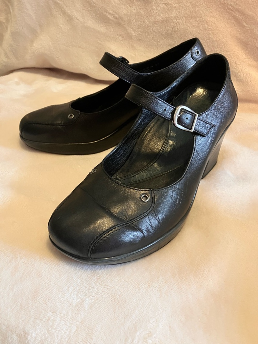 Dansko Black Leather Mary Jane Wedge Heels